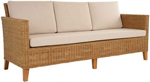 Korb-Outlet Rattan-Sofa 3-Sitzer Lounge in der Farbe Honig (Dunkel) inkl. Sitzpolster Beige, Couch aus echtem Rattan