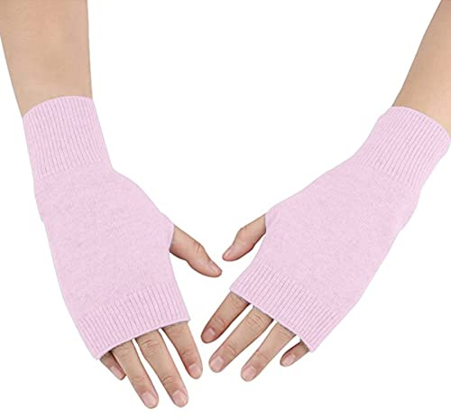 DWE Cashmere Fingerless Gloves, Half Fingerless Gloves Winter Thermal Women Gloves Mittens Thumb Hole Wrist Warmers Gloves Christmas Gifts for Girls Ladies (Pink)