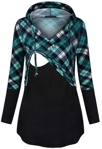 Quinee Latched Mama, Women's Long Sleeve Plaid Tunic Shirts Fashion Nursing Hoodie for Breastfeeding Buttons Tops Contrast Stitching Maternity Pullover Blouses Slimming Cute Sweatshirt Blue Black XL
