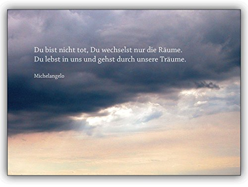 Personalisierte 12 Stück Trauer-Anzeigen: Abendhimmel innen ihr Text. Motiv:Du bist nicht tot, Du wechselst nur die Räume. mit modern gestaltetem Text innen - zzgl 12 Papier Einleger weiß