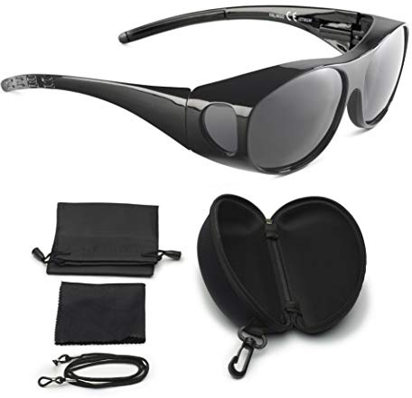 FALINGO Sur-lunettes solaires lunettes de soleil à porter sur des lunettes ÉDITION FLEXI polarisées UV 400 (Noir, Gris)
