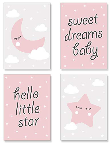 PREMYO Bilder Kinderzimmer Deko Mädchen - Poster Set Babyzimmer - Wandbilder Schlafzimmer Mond Stern Wolken Rosa DIN A4
