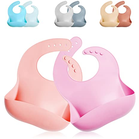 GODR7OY Silikon Baby Lätzchen, BPA Free Wasserdichte Lätzchen, Abwaschbar & Leicht zu Reinigenverstellbar 2PCS 【Blau, Grau, Pink, Natur】 (Pink)