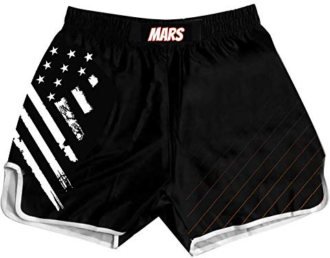 O2TEE Muay Thai Fight Shorts for Kids Men Elastic Waist Kickboxing MMA,White Line Flag,L
