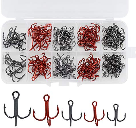 130 STK Drillingshaken Drillinge Angelhaken Kohlenstoffstahl Treble Angelhaken Set runde Biegung Haken Drillinge Haken Angelausrüstung für Salzwasserfischen Gemischt 4 Größe 4 6 8 10