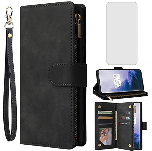 Asuwish Funda tipo cartera compatible con OnePlus 7 Pro, protector de pantalla de vidrio templado y cubierta abatible con tarjetero para teléfono celular OnePlus7Pro 5G One Plus 1+7 1Plus OnePlus7