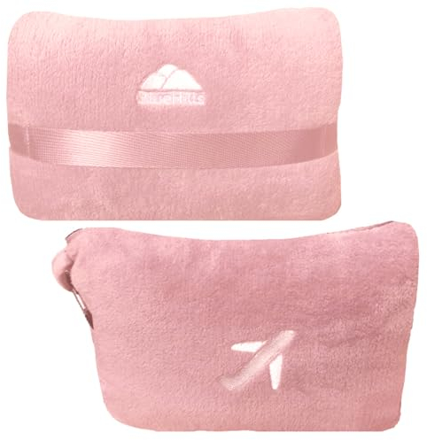 BlueHills Reisedecke-Kissen in Mini-Softhülle, Premium-Plüsch-Flugzeugdecke in weicher Tasche, Kompaktpack mit Gepäckgürtel und Rucksack-Clip, Altrosa M02