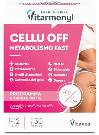 Cellu Off - Metabolismo Veloce - Inestetismi Cellulite - Azione Detox - Azione Drenante e Rimodellante -Trattamento Giorno & Notte - 30 Capsule - Vitarmonyl