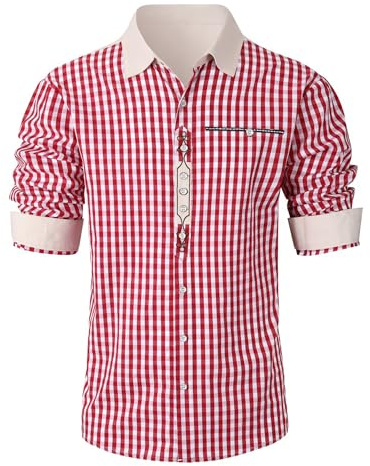 LVCBL Chemise à carreaux pour homme - Pour la fête de la bière - Manches longues - Chemise cargo avec coton - Coupe ajustée - Pour homme