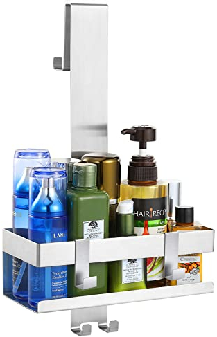 Emibele Duschablage zum Hängen, Edelstahl Duschablage ohne Bohren, Badregal ohne Bohren mit Haken, Shampoo Lotion Halterung, Duschkorb Handtuchhalter Wandregal für Glastür Badezimmer, Silber