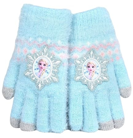 FEIFEI'S BOW Guanti a dita piene Elsa Inverno Maglia Calda Guanti Morbido Foderato Pile Termico Esterni Guanti Elastici per Bambini ragazzi ragazze, Elsa blu.