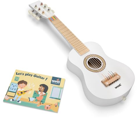 Woet® Chitarra Giocattolo Rosa in Legno per Bambini, 6 Corde in Nylon con Tracolla, Corda di Ricambio e Libretto Musicale a Colori con 3 Canzoni, Strumento Educativo, A Partire da 3 Anni