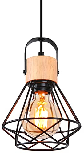 iDEGU Lampada a Sospensione Vintage Industriale, Lampada da Soffitto in Legno e Metallo Nero Gabbia Geometrica 16cm Retro E27 Lampadario Interni per Corridoio Camera da Letto Cucina (1 Pezzo)