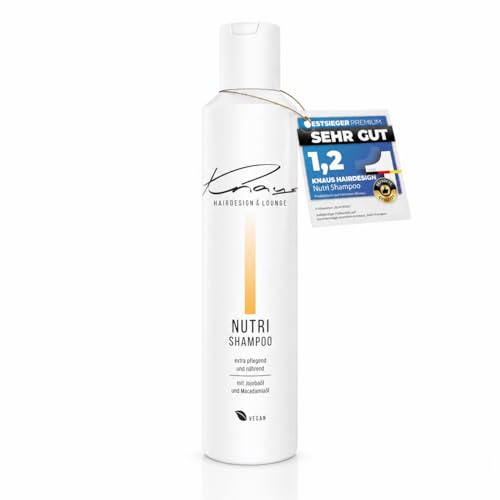 Knaus Nutri Shampoo - Friseur Pflegeshampoo mit Jojobaöl und Macadamiaöl für trockenes Haar, nährend und feuchtigkeitsspendend für sprödes glanzloses Haar, vegan, 200ml