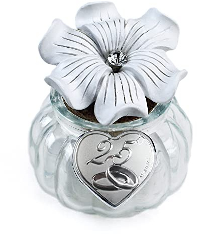 DLM33677 (Kit 6 Pezzi) Barattolo Tondo in Vetro con Tappo in Sughero Fiore con Punto Luce e Cuore FEDI 25 Anniversario Nozze Matrimonio Segnaposto Confettata Portaconfetti bomboniera