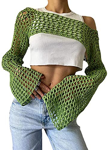 Aimiray Camiseta corta sexy de malla de ganchillo para mujer, salida de playa, transparente, manga larga Y2K, suéter de punto