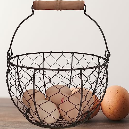 TAIANLE. Farmhouse Wire Egg Basket for Gathering Fresh Eggs with Handle, Round Metal Egg Collecting Basket Vintage Style Countertop Storage Container Holder Fruit Bin