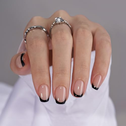 BTArtbox Press On Nails, Classic Black, Short Square, French Tip, 32Ct | Lamp-Curable 4-Week Wear, Salon-Quality Natural Nails, 10-Minute Easy Daily Application, 16 Sizes, All-in-One Complete Kit