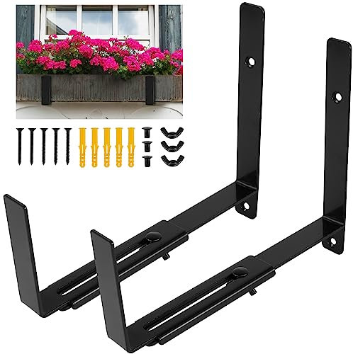 Flower Window Box Bracket Adjustable Carbon Steel Planter Box Holder Wall Mounted Shelving Supports Sturdy Railing Flower Pot Bracket for 15-33cm Deep Planter Box