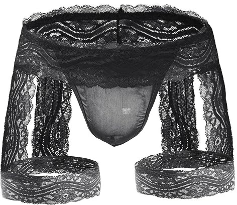 Men's Sexy Lace Suspender Thong Underwear Sissy Boxer Briefs with Garters | Sheer Mesh Pouch Lingerie Panties, Floral Lace G-String Bikini Underpants, Low-Rise Stretch Jockstrap Nightwear for Clubwear