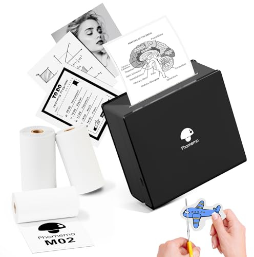 Phomemo M02 Mini Drucker mit 3 Etikettenrollen, Taschendrucker für Smartphone, Bluetooth Aufkleber Drucker Thermodrucker zum Studium, Notizen, Bilder, Fotos, Tagebücher