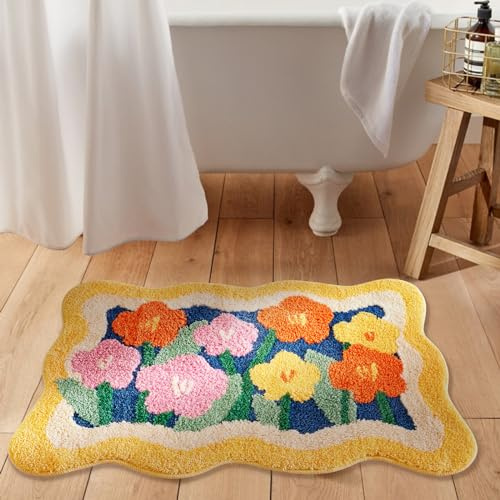 Aldopein Bunter niedlicher Blumen-Teppich, lebendig, flauschig, zottelig, Boho-Blumenmuster, Badezimmer, Küche, Matte, rutschfest, waschbar, 5 x 7,6 cm, klein, ästhetisch, Schlafzimmer, trendiger