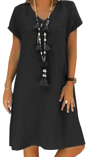 Tincini Women's Dress Summer Linen Dresses Casual V Neck Midi Dress Short Sleeve A-line Dress Sundress Tunic Dress Without Accessories (A Black, XXL)