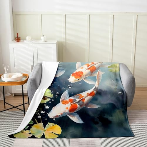 Koi Fish Watercolor Flannel Blanket,Lotus Leaves Nature Pond Fleece Blanket for Room Decor,Japanese Ukiyo-e Animal Paint Throw Blanket for Sofa Couch,50x60