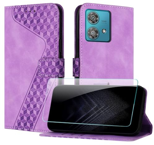 JayModCase Funda para Motorola Moto Edge 40 Neo, PU Piel Flip Carcasa con [Moto Edge 40 Neo Protector de Pantalla] Cierre magnético Soporte Plegable Tarjetas y Cartera (Púrpura)