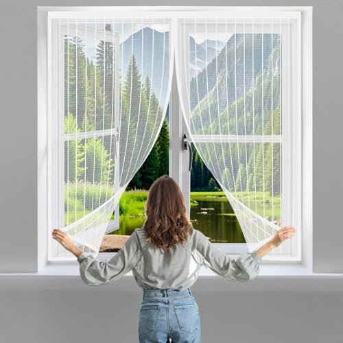 Mückennetz Vorhang 150 x 130 cm Insektenschutz Rollo Selbstklebend Ohne Bohren mit Klettverschluss für Alle Tür- Und Fenstergrößen, Weiß