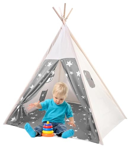Putentfun Tipi Zelt für Kinder Tippi Kinderzelt Kinderzelt für drinnen,Kindertipi Spielzelt Lesezelt Kuschelecke Kinderzimmer Deko,Tipi Zelt Kinderzimmer mit Fenster(Grau)