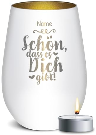 PR Print Royal Weißes Windlicht mit Gravur - Schön, DASS es Dich gibt - mit Name Personalisieren - Geschenke für Freundinnen | Individuelle Gravur inkl. Teelicht, 450 ml, Innen Gold