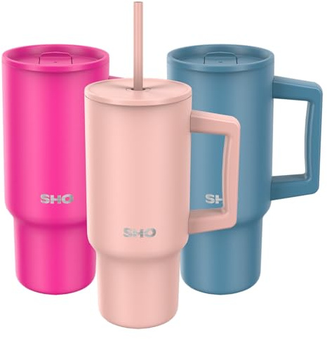 SHO XL Tumbler Insulated Stainless Steel (Dusty Rose, 900ml) | 2 Lids - Straw & Slider, Splash-Proof, Comfort Handle, 12H Hot, 24H Cold, BPA-Free