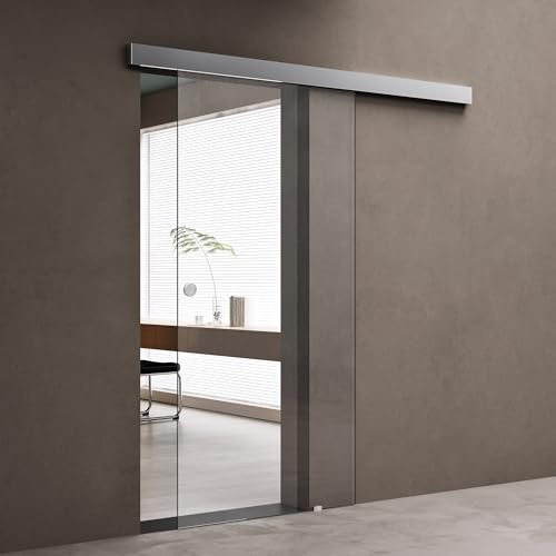 doporro Glasschiebetür Komplettset Softclose 90x205cm 8mm ESG Klarglas | 15mm Wandabstand | Schiebetür mit 8mm ESG-Sicherheitsglas | Zimmertür Glas mit Muschelgriff | Amalfi-plus 19