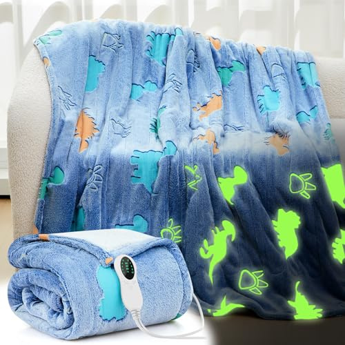 50x60 Dinosaur Kids Heated Blanket Glow in the Dark Boy Girl Heating Upgraded Dino Children Electric Winter Valentine's Birthday Gift with 10 Level & 8 Hours Auto off Etl Certified Machine Washable