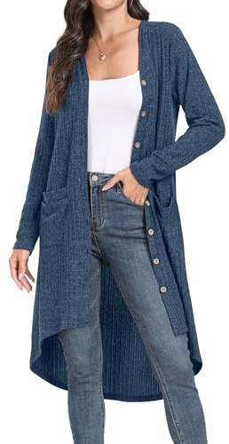GRECERELLE Lång lätt damcardigan långärmad knapp ner lösa ytterkläder koftor jacka med fickor för damer UK, B01 Blå, M