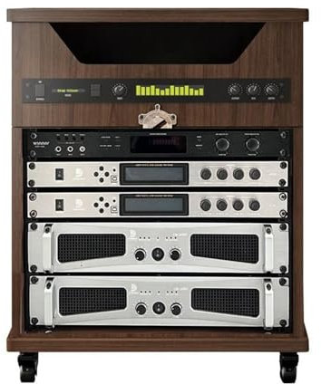 LYXWGRZD Audio Rack HiFi Regal aus Massivholz, Plattenspieler Regal mit atmungsaktivem Netz, Record Player Stand, universelles Raddesign, Medienaufbewahrungsschrank for Zuhause/Büro/Theater(70cm/27.5i
