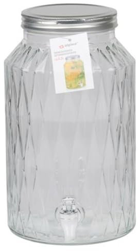 Glass Drinks Dispenser with Tap 5.5L Large Beverage Mason Jar Dispensers Metal Lid for Juices Cocktails Punch Cold Beverage Soft Drinks Water Dispenser for BBQ Parties Picnic Home (Geometric - Silver)