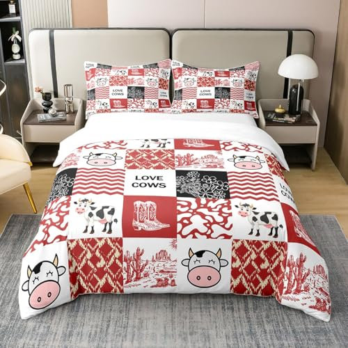 Homemissing Juego de ropa de cama con diseño de vaca lechera de dibujos animados, color rojo y blanco, 100 % algodón, transpirable, para decoración de habitación (sin edredón), tamaño doble