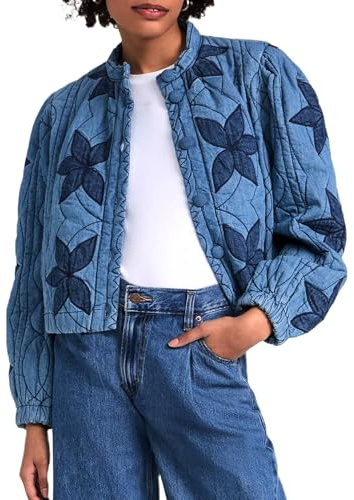 CheJooe Women Quilted Lightweight Jackets Women's Floral Embroidered Puffer Coats LightWeight Padded Puffer Cardigan Winter Coat Outwear(Blue,Large)