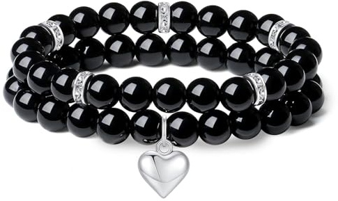 AWARDSEN 2 Stück Herz Edelstein Armband Damen Geschenk für Frauen | AWARDSEN Kristall 8mm Edelstein Schmuck, Heilsteine Armband, Partnerarmbänder