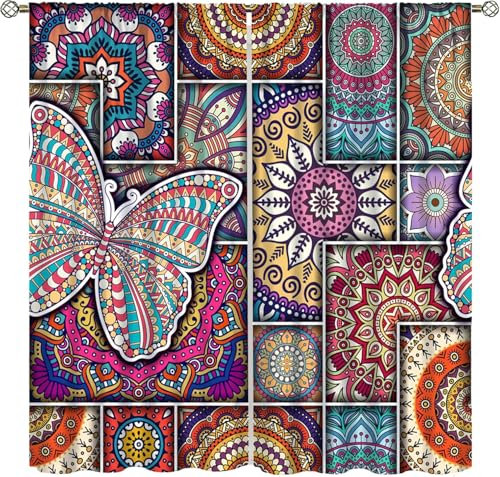 Schattierung Vorhänge Junge Bunte Retro-Blumen 3D Druck 2Er Set Isolierung Schalldichte Kinder Gardinen Blickdicht Mit Ösen Vorhang Fenster Für Wohnzimmer Schlafzimmer Balkon 140X160 cm (B -714484236