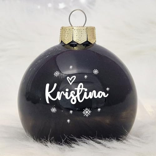 Personalisierte Weihnachtskugel mit deinem Namen und Wunschmotiv, aus Echtglas, 8 cm (08_Schwarz, Name & Herz)