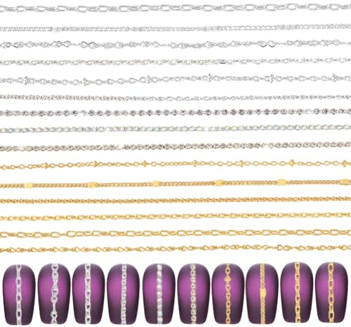 PH PandaHall Juego de cadenas de uñas de 15 estilos de 6.7 yardas, cadenas de metal para uñas, accesorios de uñas estilo punk, cadena de diamantes para arte de uñas, adornos de uñas, tachuelas de