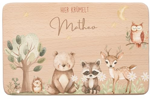 MINIHELDEN - Personalisiertes Frühstücksbrettchen Kinder Holz, Brotzeitbrett mit Namen und Tiermotiven, Individuelles Geschenk für Kinder und Babys zur Geburt, Taufe oder Weihnachten