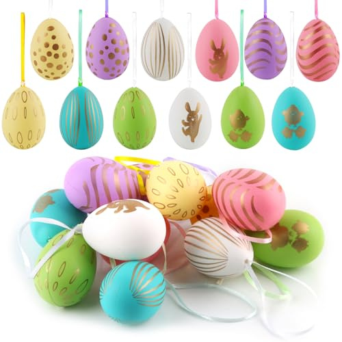 SilverChry 12x Ostereier Zum Aufhängen, Bunte Ostereier Plastik, Ostereier Deko, Osterdeko Für Draußen, Ostereier Outdoor, Ostereier Zum Befüllen, Easter Egg (6 cm * 4 cm)