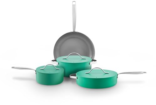 Sur La Table Colour Me Happy 4pcs Cookware Set, Frying Pan, Saucepan, Casserole, Multi-Pan, 10x Stronger Ceramic Coating, Lids with Steam Release, Induction Compatible, Aluminium, Green, SLT800320GRN