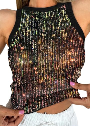 Naimo Damen Glitzer Pailletten Tank Top Ärmellos Rundhals Bluse Sparkle Sexy Weste Party Club Oberteile