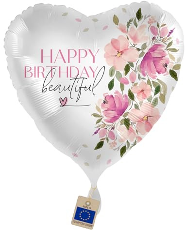 Folienballon Geburtstag Frauen – Happy Birthday Beautiful | Floraler Geburtstagsballon für Freundin, Frau, Mama, Oma & Schwester – Herzform, Luft/Helium, Made in EU