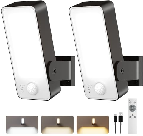 PopoIron Motion Sensor Light Outdoor, 10000mAh Rechargeable 600 Lumen Wireless Battery Powered Light with 3 Modes, 3 Colors, IP65 Waterproof Outdoor Security Light for Garden, Garage (Black, 2 Pack)